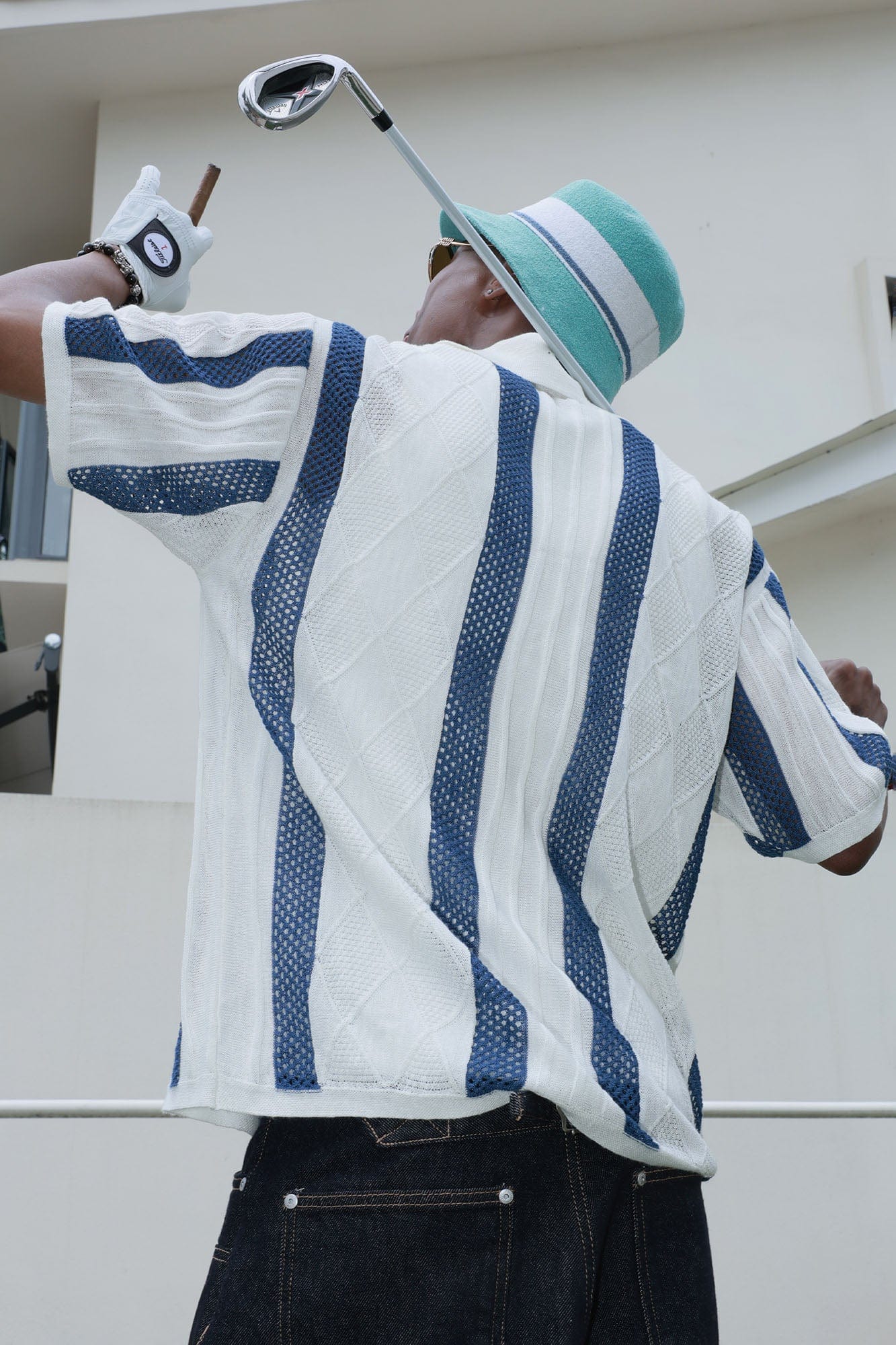 STEEPC Pearl LOGO Patch Striped Knit Half Shirt