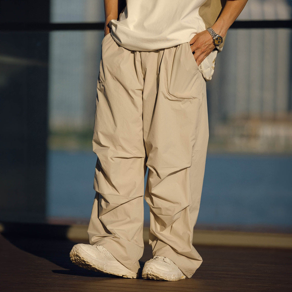 BANANA CLUB Quick-Dry Drawstring Crinkled Parachute Pants