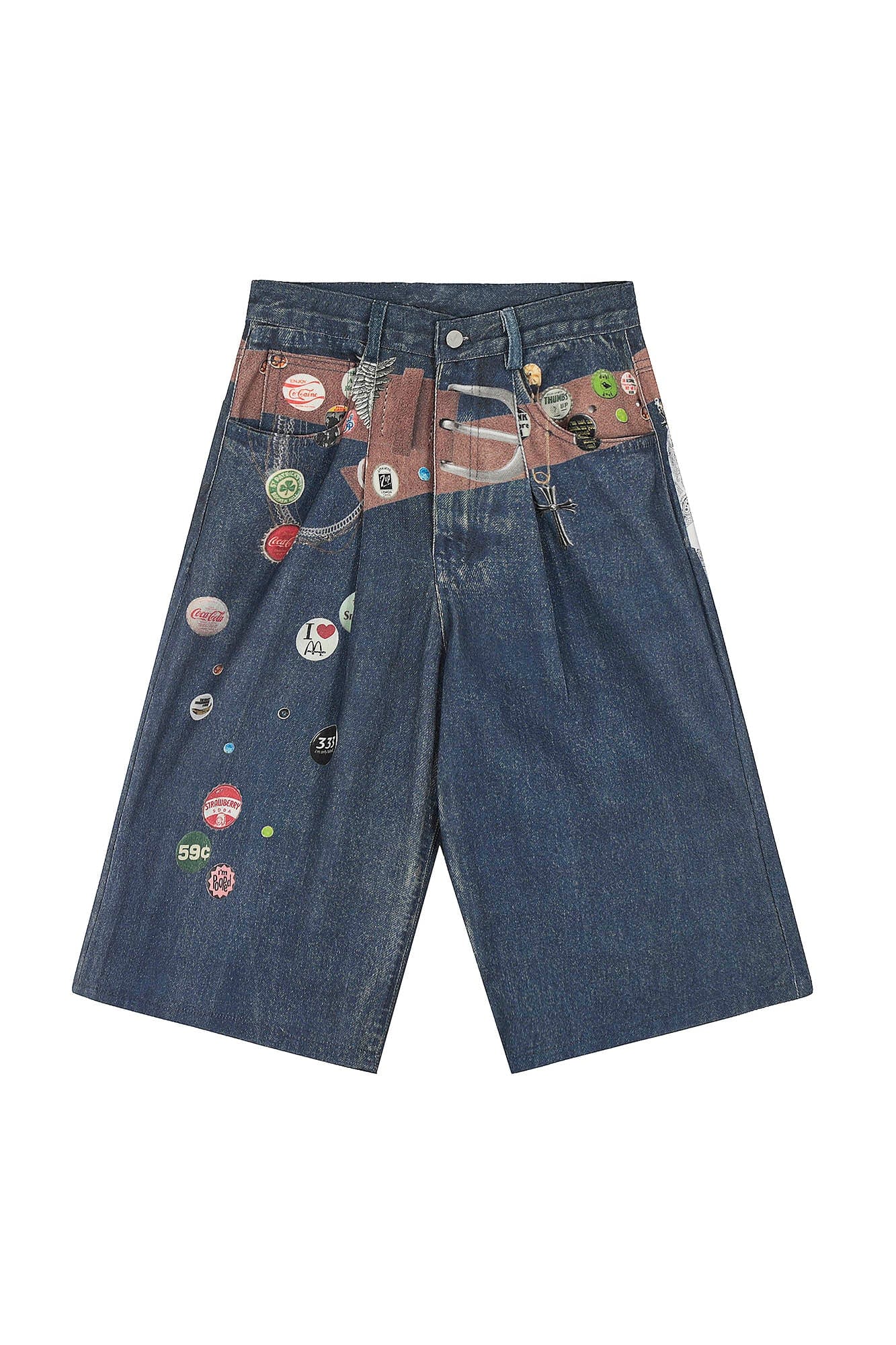 CLP Badge Belt Graphic Cropped Denim Shorts