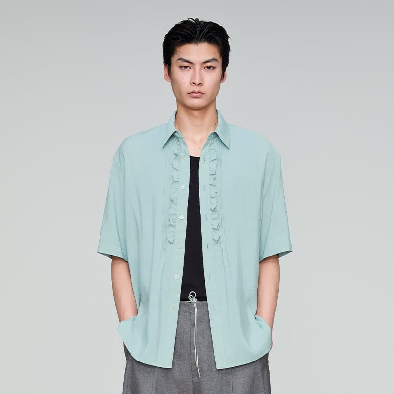 OPICLOTH Retro Pintuck Ruffle Modal Blend Half Shirt