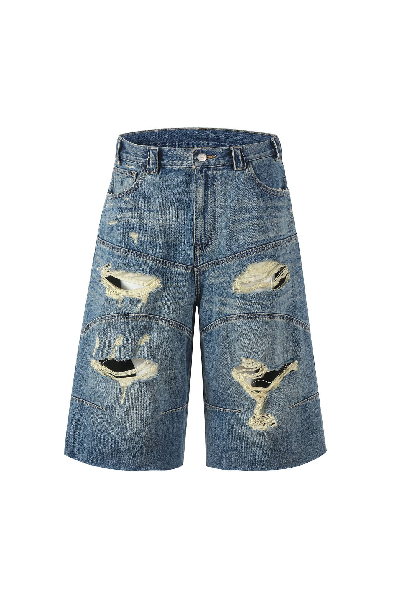MAKEMORE Distressed Arc Spliced Ripped Denim Shorts