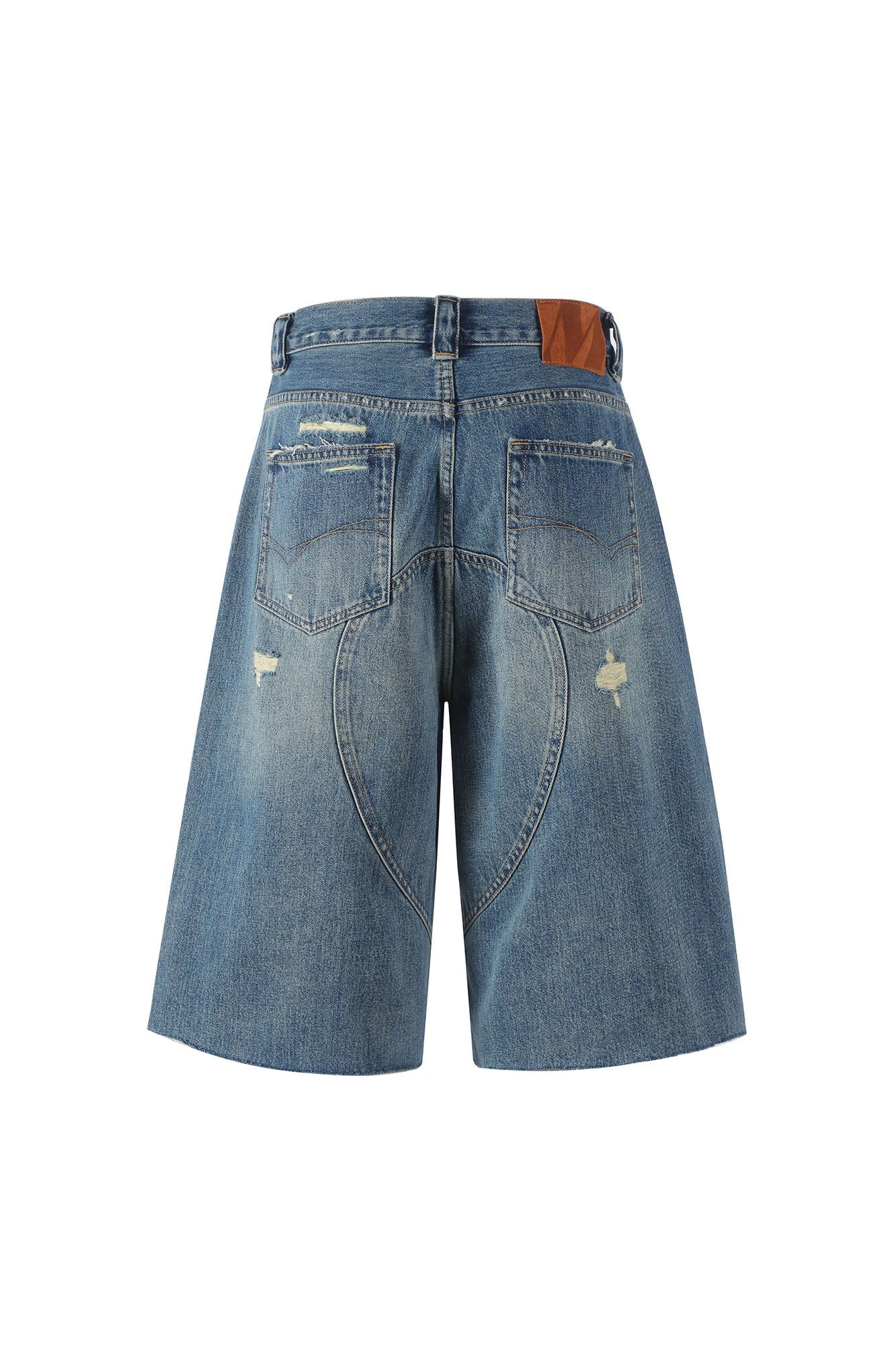 MAKEMORE Distressed Arc Spliced Ripped Denim Shorts