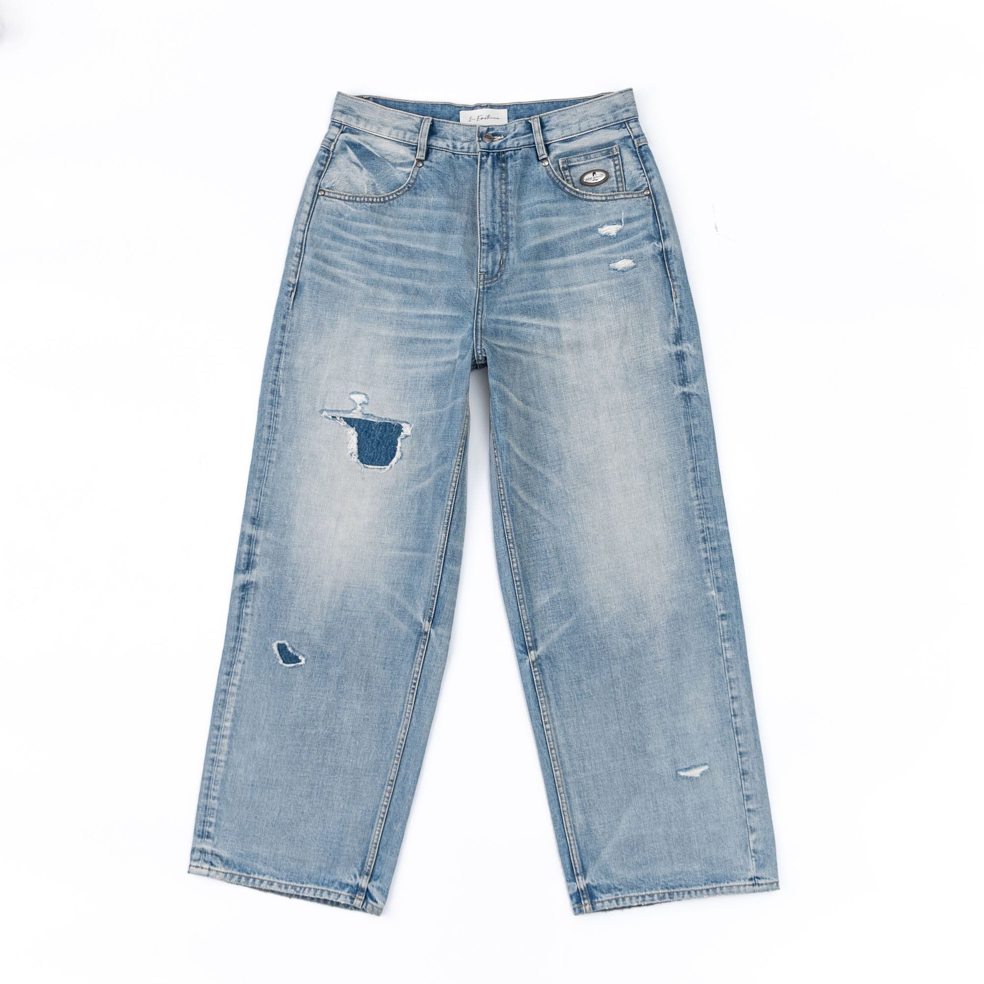 IN EXISTENCE Distressed Patchwork Creased Washed Wide-Leg Jeans