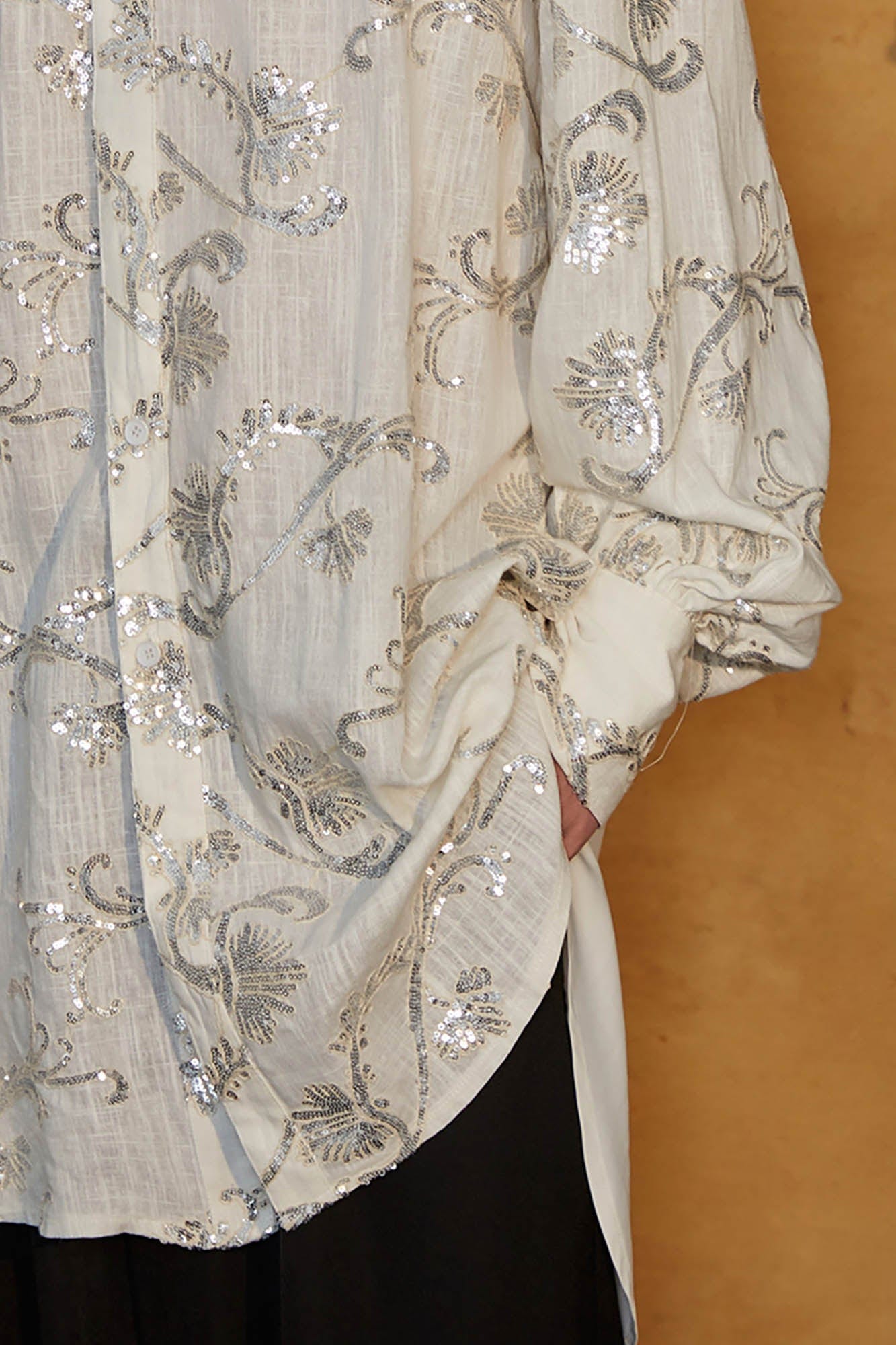 JIECHI Curly Sequin Embroidered Sheer Oversized Shirt