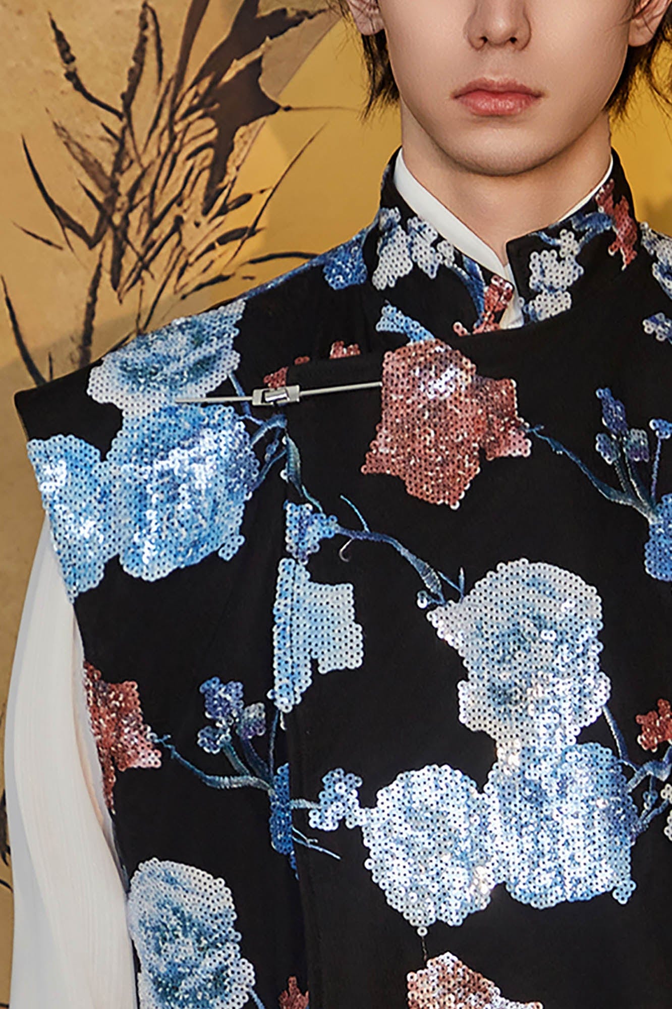 JIECHI Sequin Floral Embroidered Mandarin Collar Vest