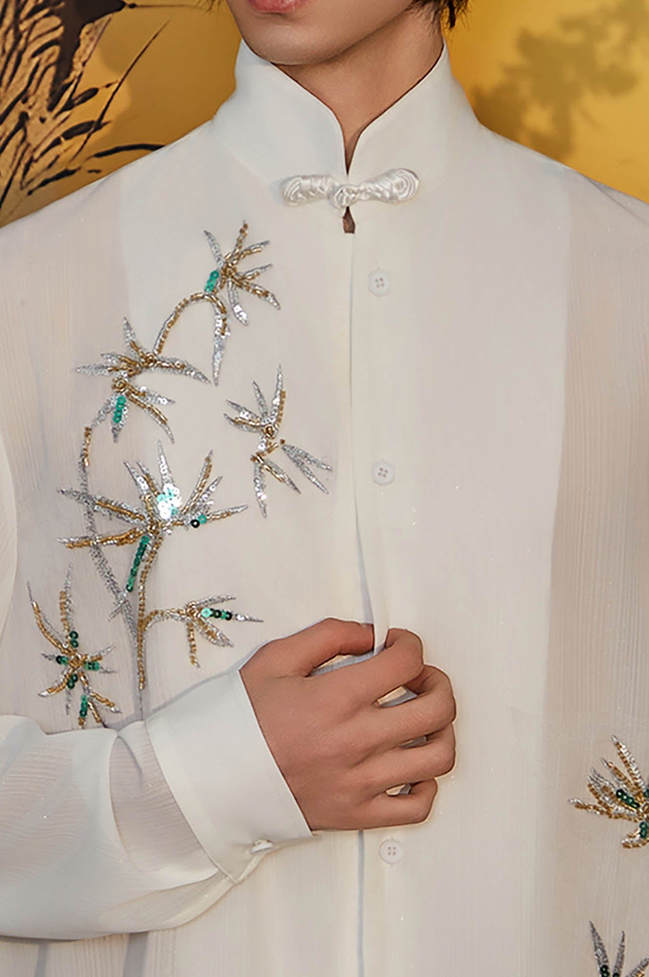 JIECHI Embroidered Bamboo Sheer Flowing Shirt