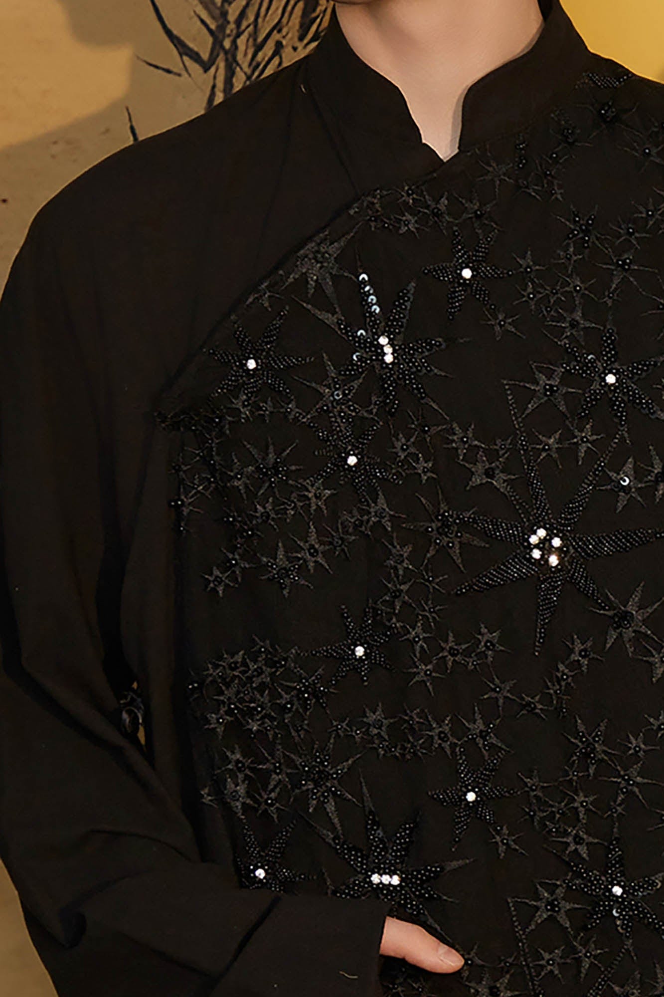 JIECHI Asymmetrical Beaded Embroidered Layered Mandarin Collar Coat