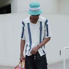 STEEPC Pearl LOGO Patch Striped Knit Half Shirt