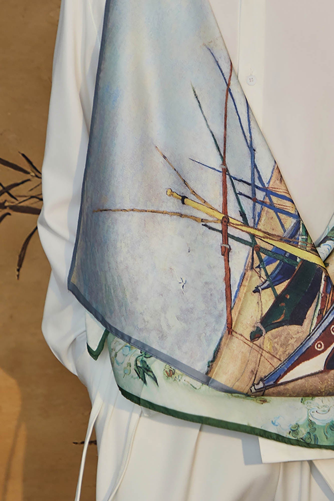 JIECHI Asymmetrical Scarf-Draped Graphics Shirt