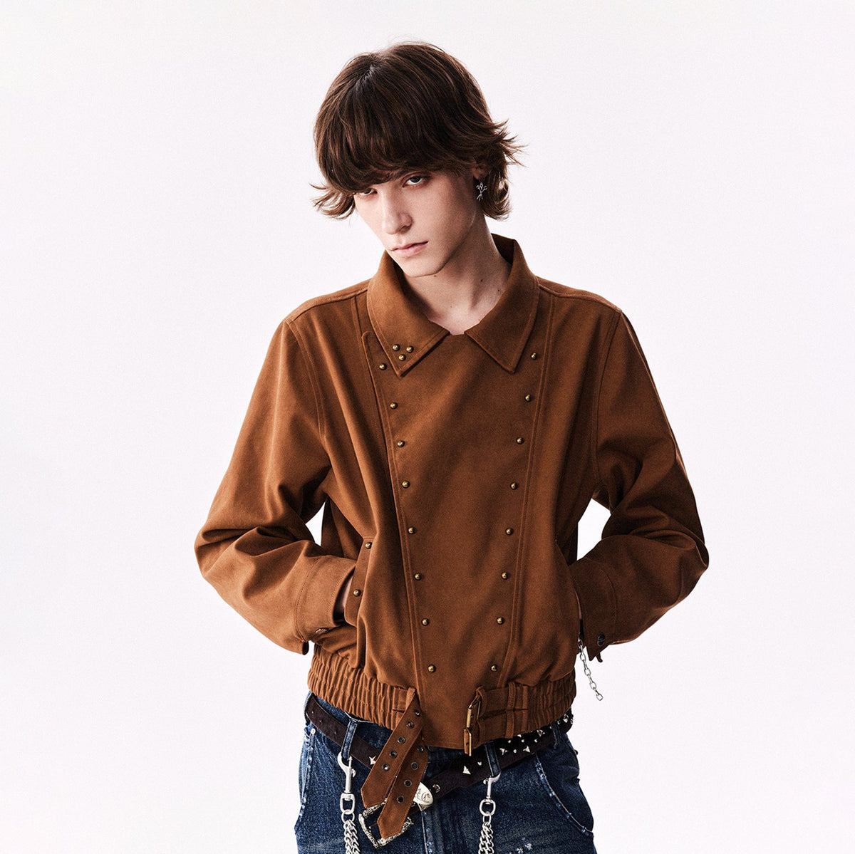 RICHILL Faux Suede Asymmetrical Zipper Rivet Jacket