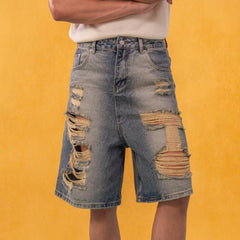 CLP Destroyed Frayed Washed Denim Shorts