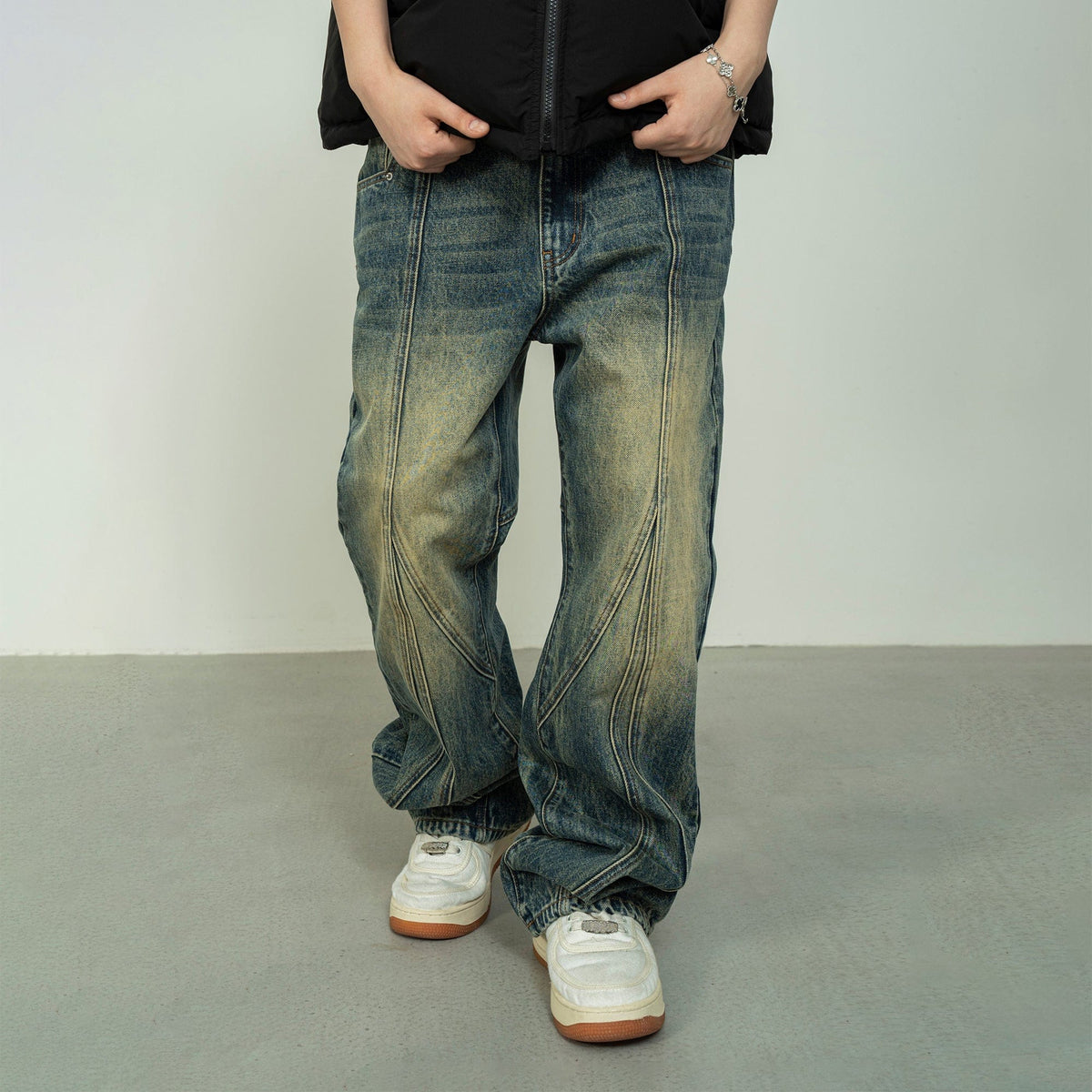 MAKEMORE Deconstructed Washed Rivet Jeans