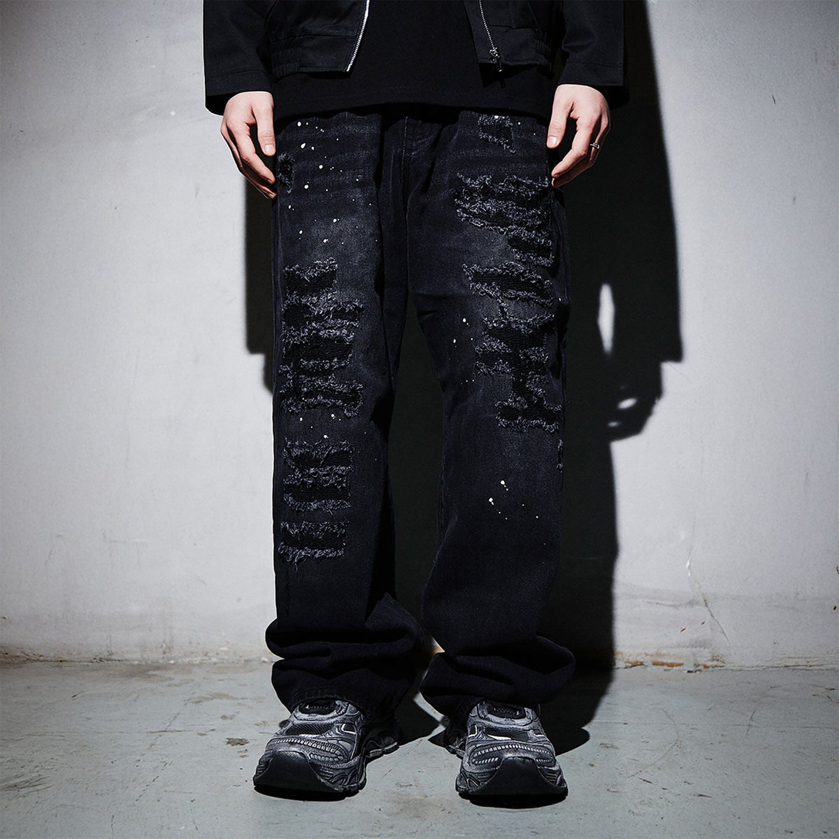 BLACK8MOB Ripped Splatter Straight-Leg Jeans