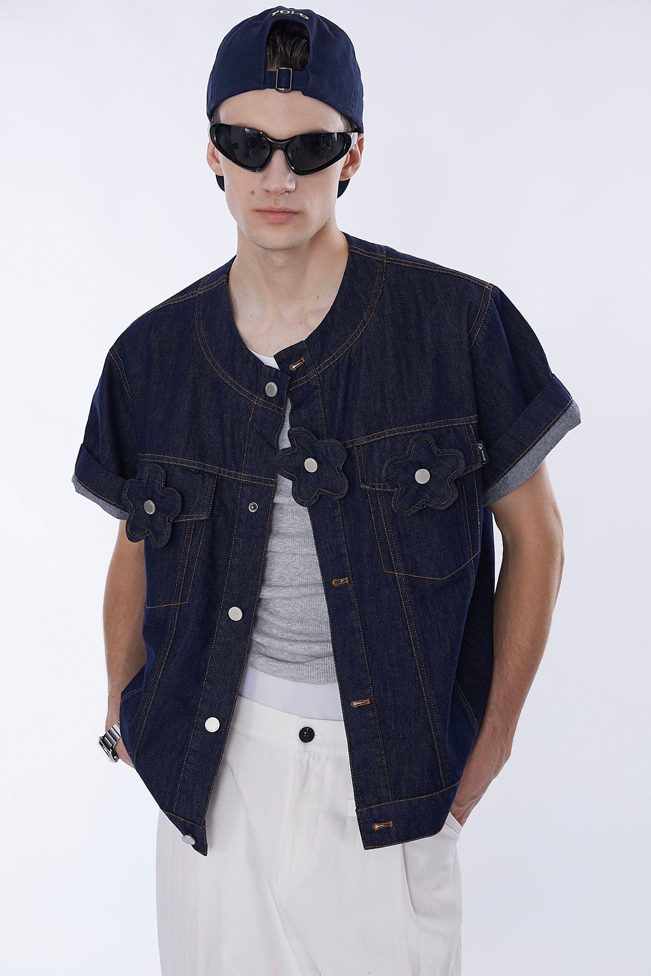 ASSEEN Flower Patchwork Stitched Raw Denim Half Shirt