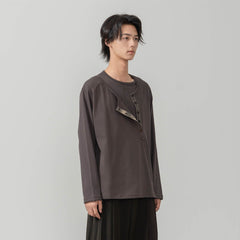 MOITIEDEPETALE Layered Asymmetrical Henley Long-Sleeve Tee
