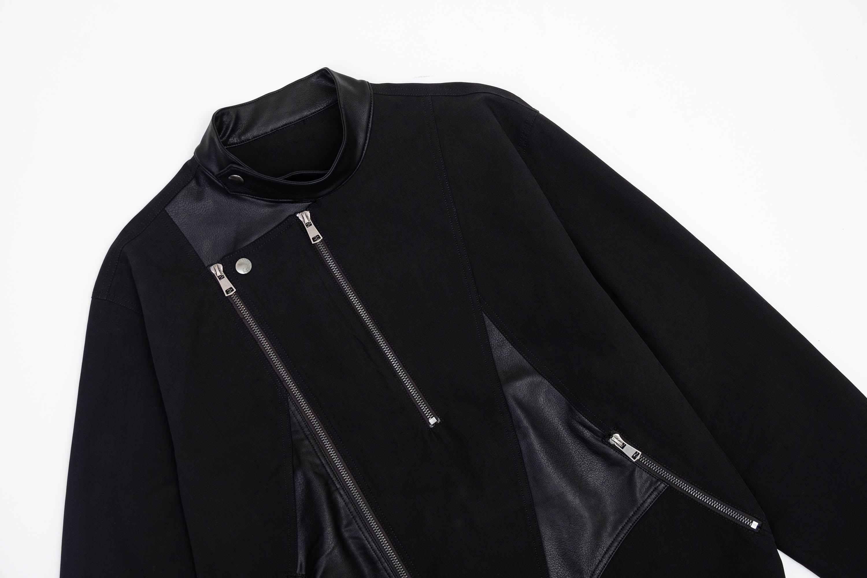 IN EXISTENCE Multi-Zip Asymmetrical Spliced Leather Biker Jacket