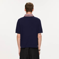 KREATE Preppy Spliced Plaid Collar Knit Polo