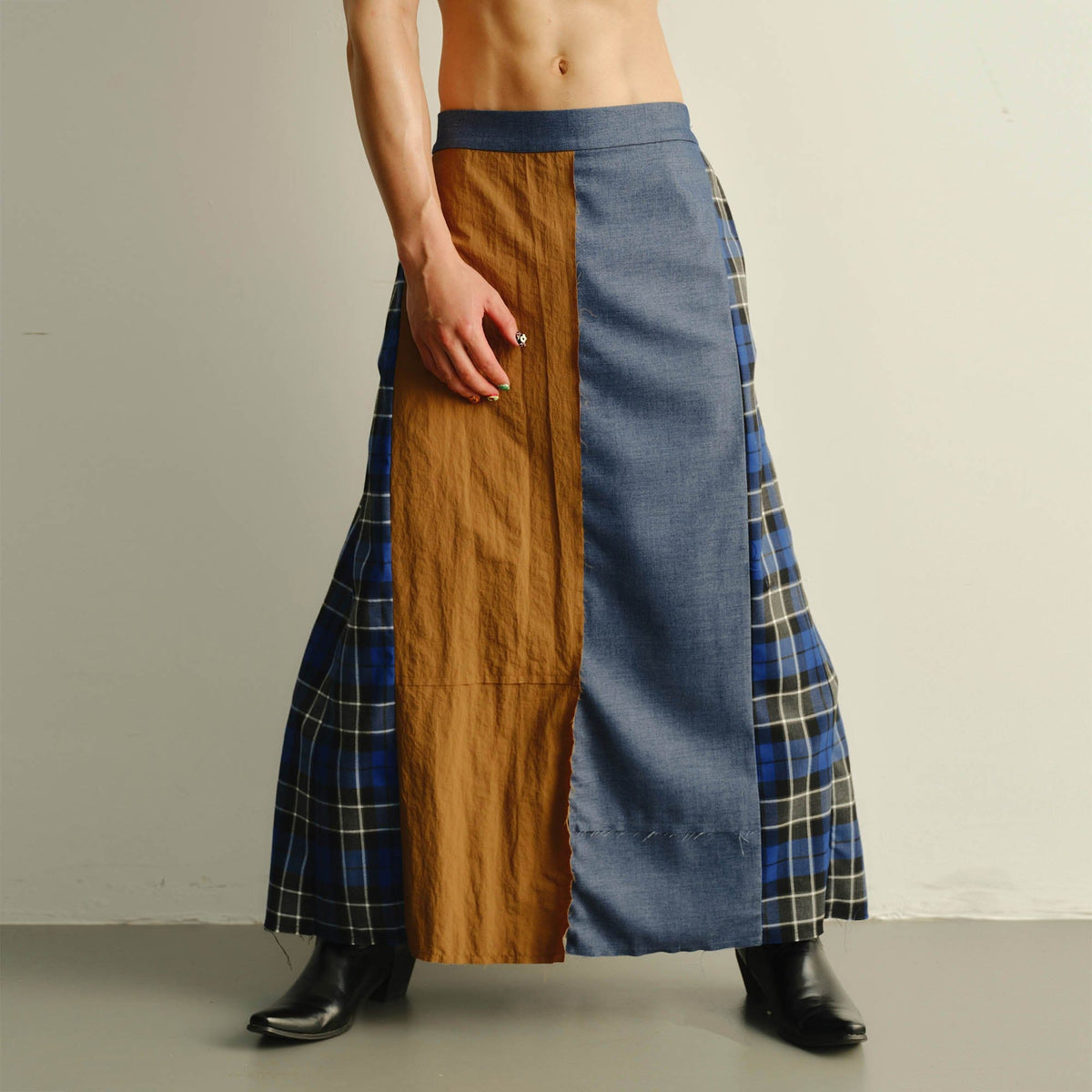 KADAKADA Paneled Reversible Plaid Raw-Edge Maxi Skirt
