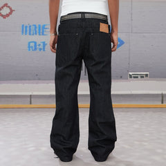 DND4DES Slanted Zipper Lace-Up Double-Waistband Raw Jeans
