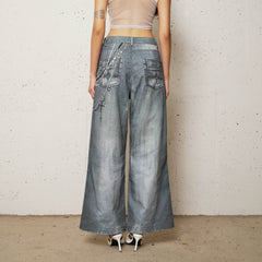 DND4DESxFaychui Pearl Chain Graphics Distressed Flared Jeans