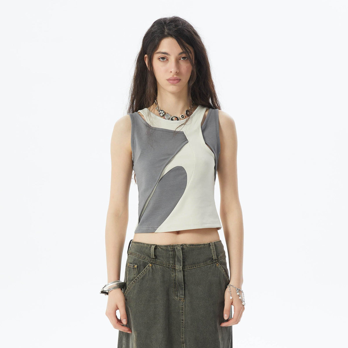 ERROR CODE ROBOT Asymmetrical Contrast Layered Tank Top