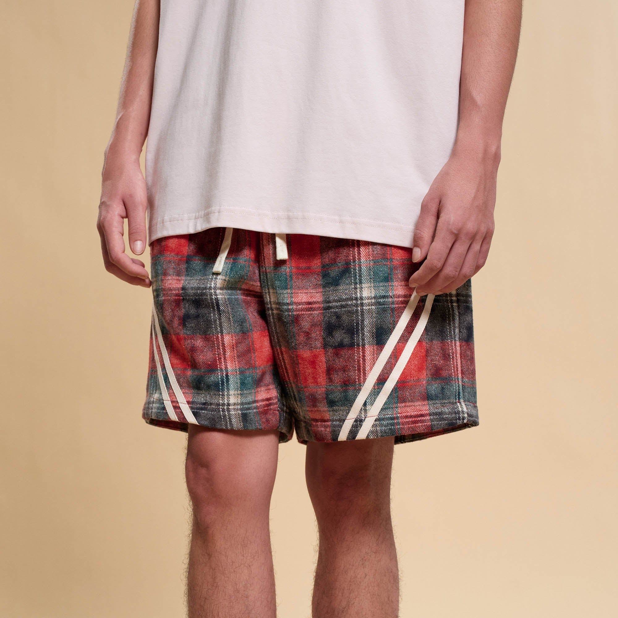 BONELESS Plaid Distressed Drawstring Shorts