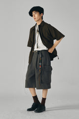 GONGHE REPUB Retro Checked Curved Spliced Drawstring Half Shirt