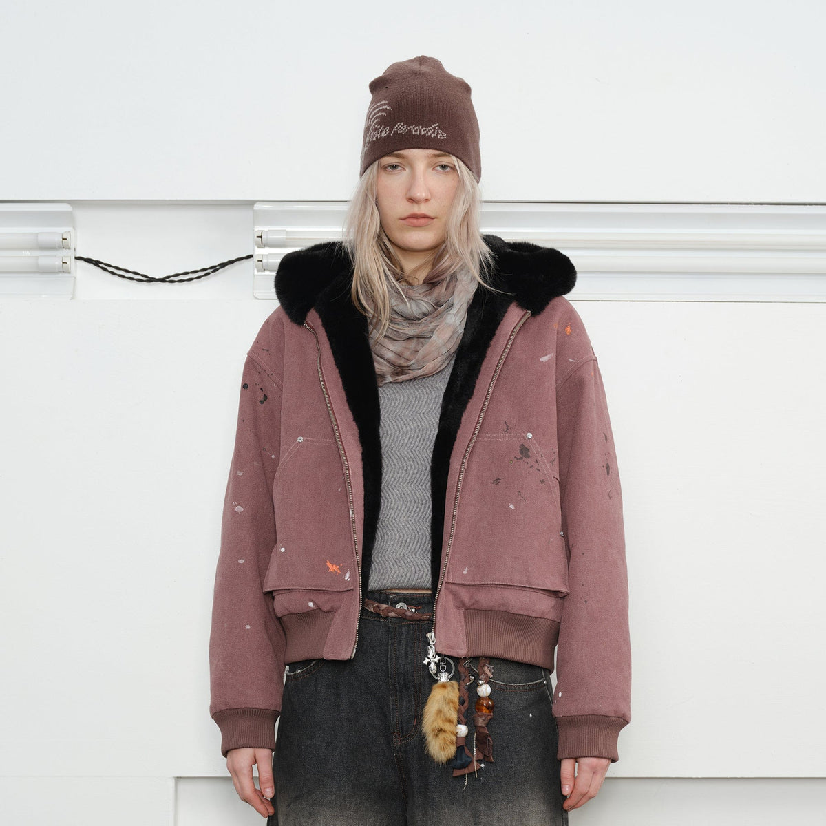 KREATE Rivet Zipper Paint-splattered Fleece-Lined Hooded Jacket