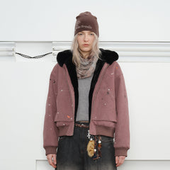 KREATE Rivet Zipper Paint-splattered Fleece-Lined Hooded Jacket