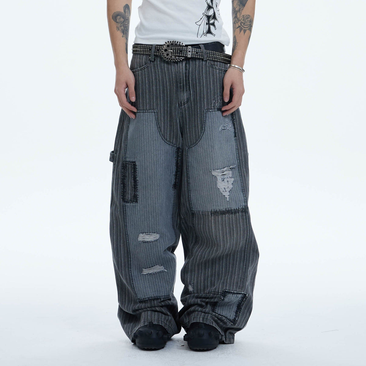 DND4DES Striped Patchwork Distressed Baggy Jeans