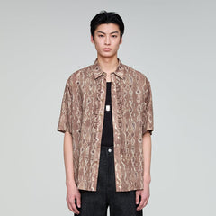 OPICLOTH Retro Woodgrain Full-Print Ruffle Half Shirt