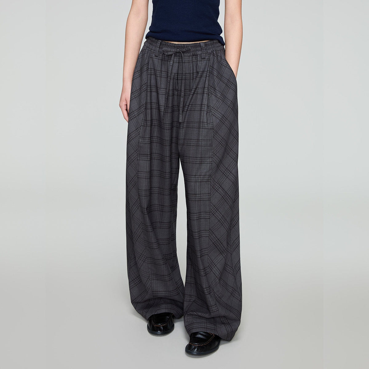 OPICLOTH Retro Paneled Plaid Drawstring Oversized Pants