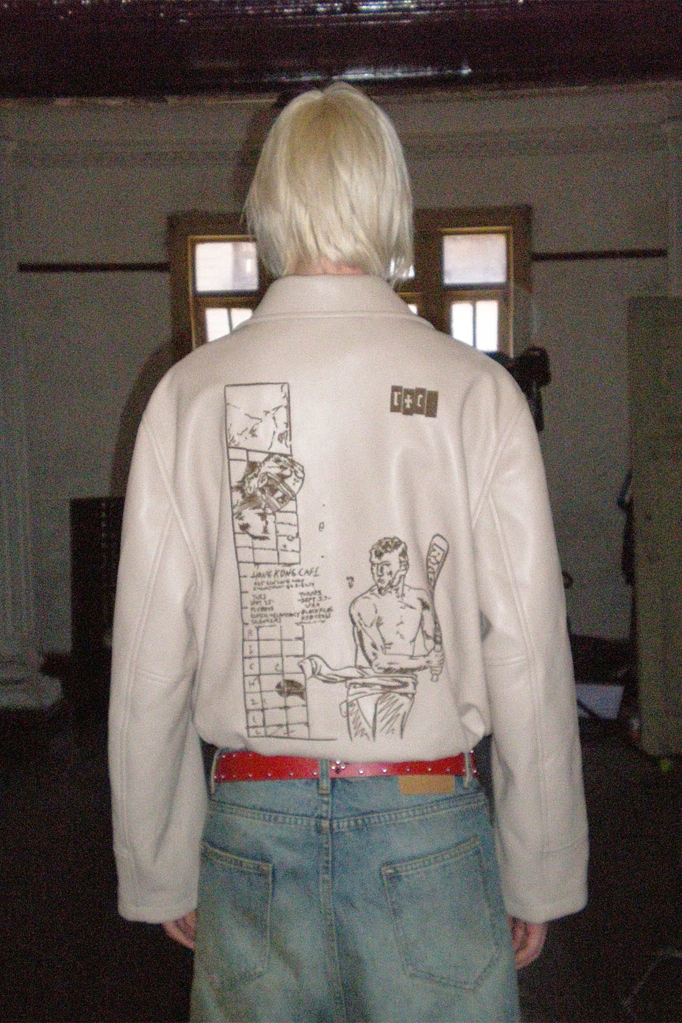RICHILL Cigarette Embroidery Faux Leather Jacket