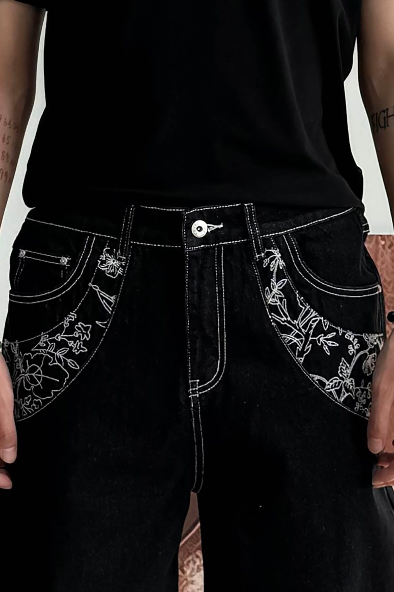 KREATE Floral Embroidered Spliced Wide-Leg Jeans