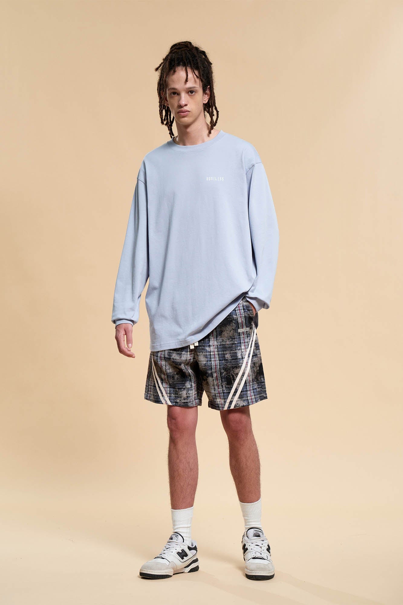BONELESS Plaid Distressed Drawstring Shorts