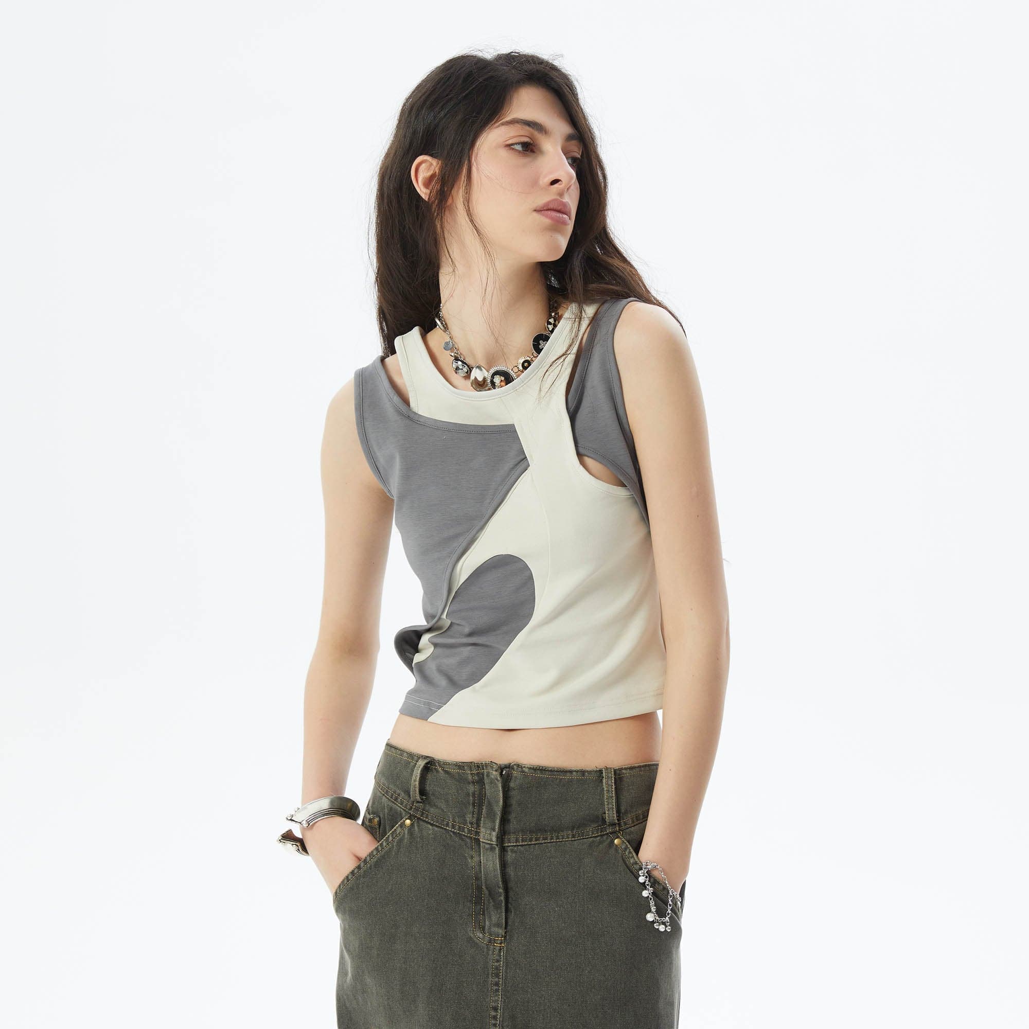 ERROR CODE ROBOT Asymmetrical Contrast Layered Tank Top