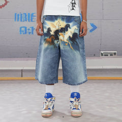 DND4DES Horse Graphics Washed Bermuda Denim Shorts