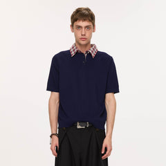 KREATE Preppy Spliced Plaid Collar Knit Polo