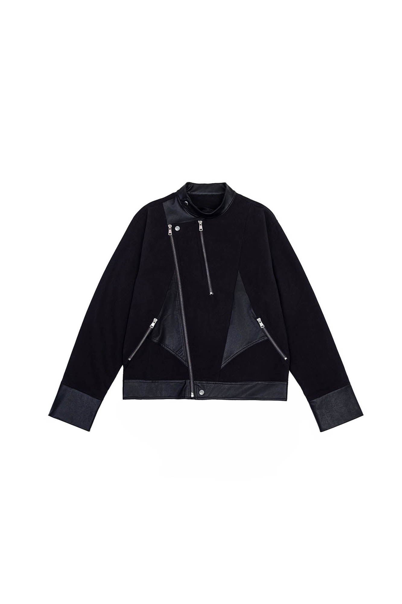 IN EXISTENCE Multi-Zip Asymmetrical Spliced Leather Biker Jacket