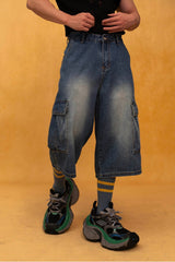 CLP Retro Multi-Pocket Knee-Length Denim Shorts