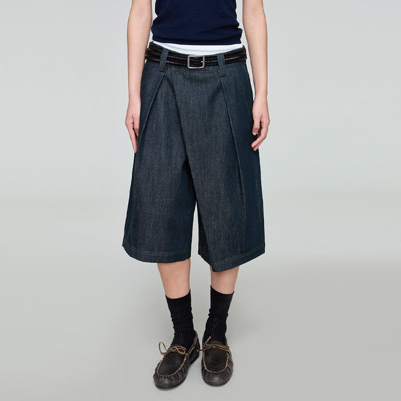 OPICLOTH Washed Asymmetric Fly Pleated Denim Shorts
