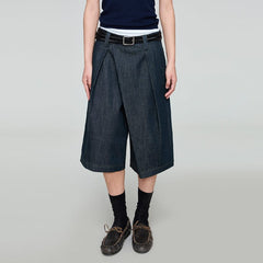 OPICLOTH Washed Asymmetric Fly Pleated Denim Shorts