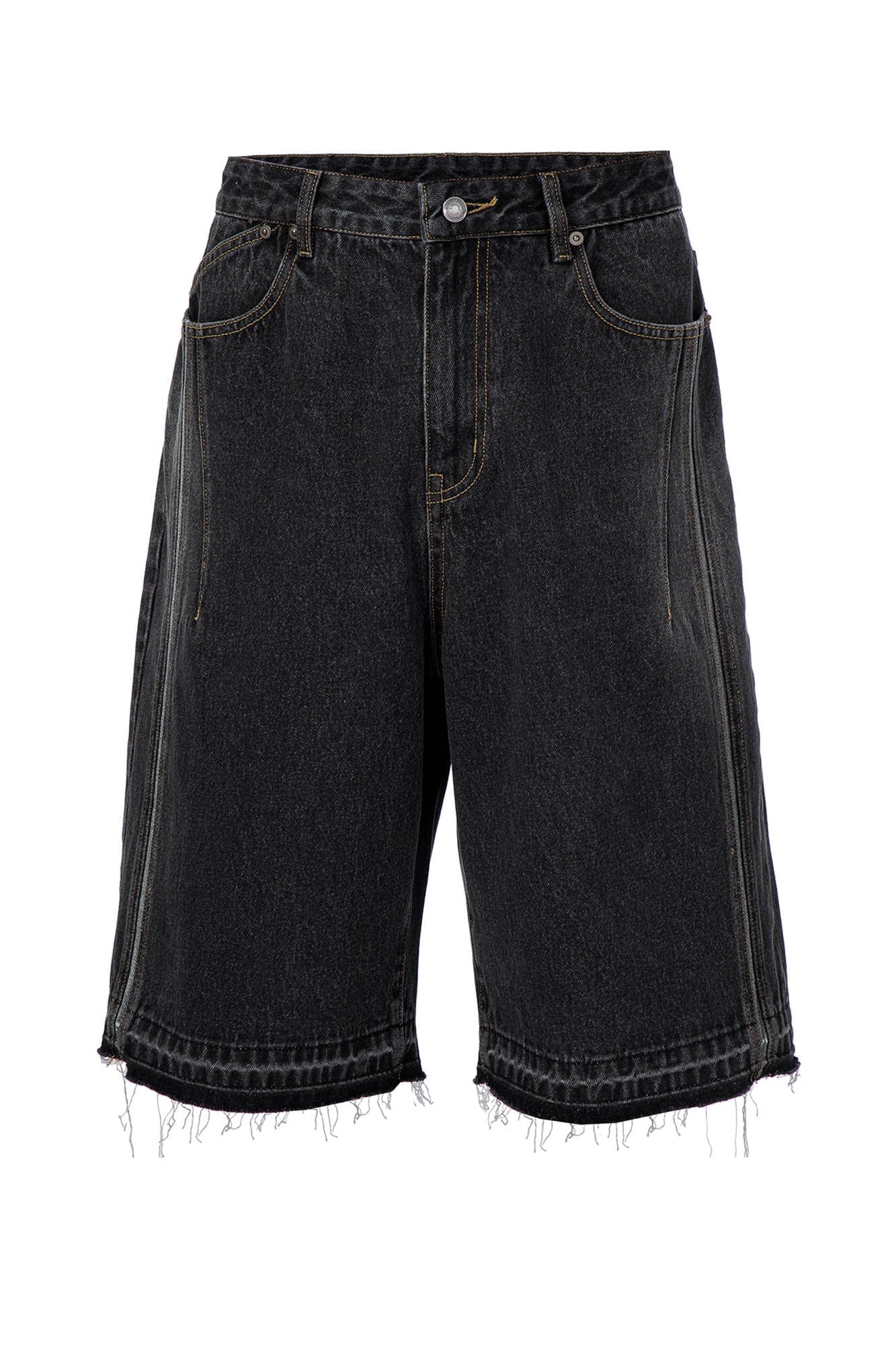 F2CE Raw-Hem Raised Seam Washed Denim Shorts