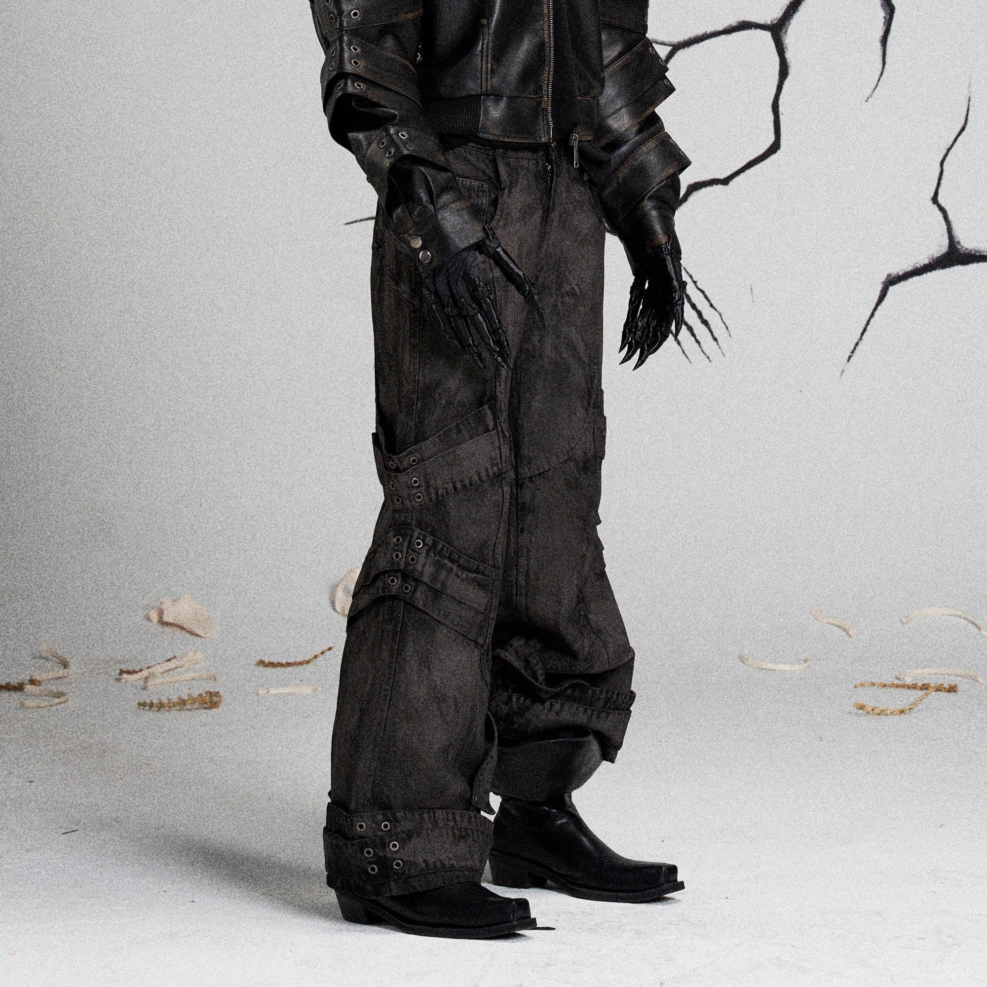 FLYERRER Mutation Layered Strap Distressed Wide-Leg Pants