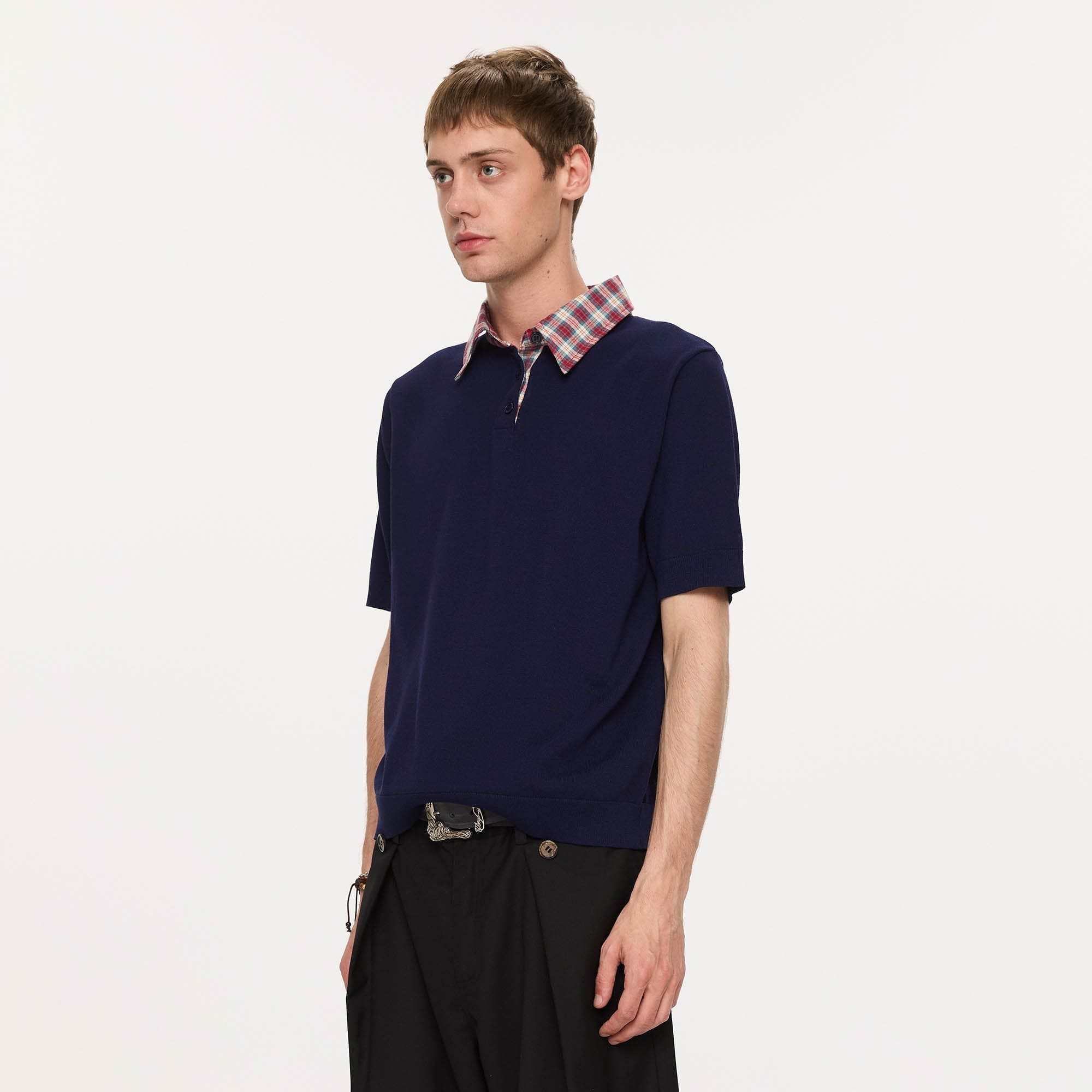 KREATE Preppy Spliced Plaid Collar Knit Polo