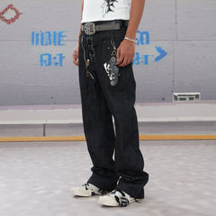 DND4DES Slanted Zipper Lace-Up Double-Waistband Raw Jeans