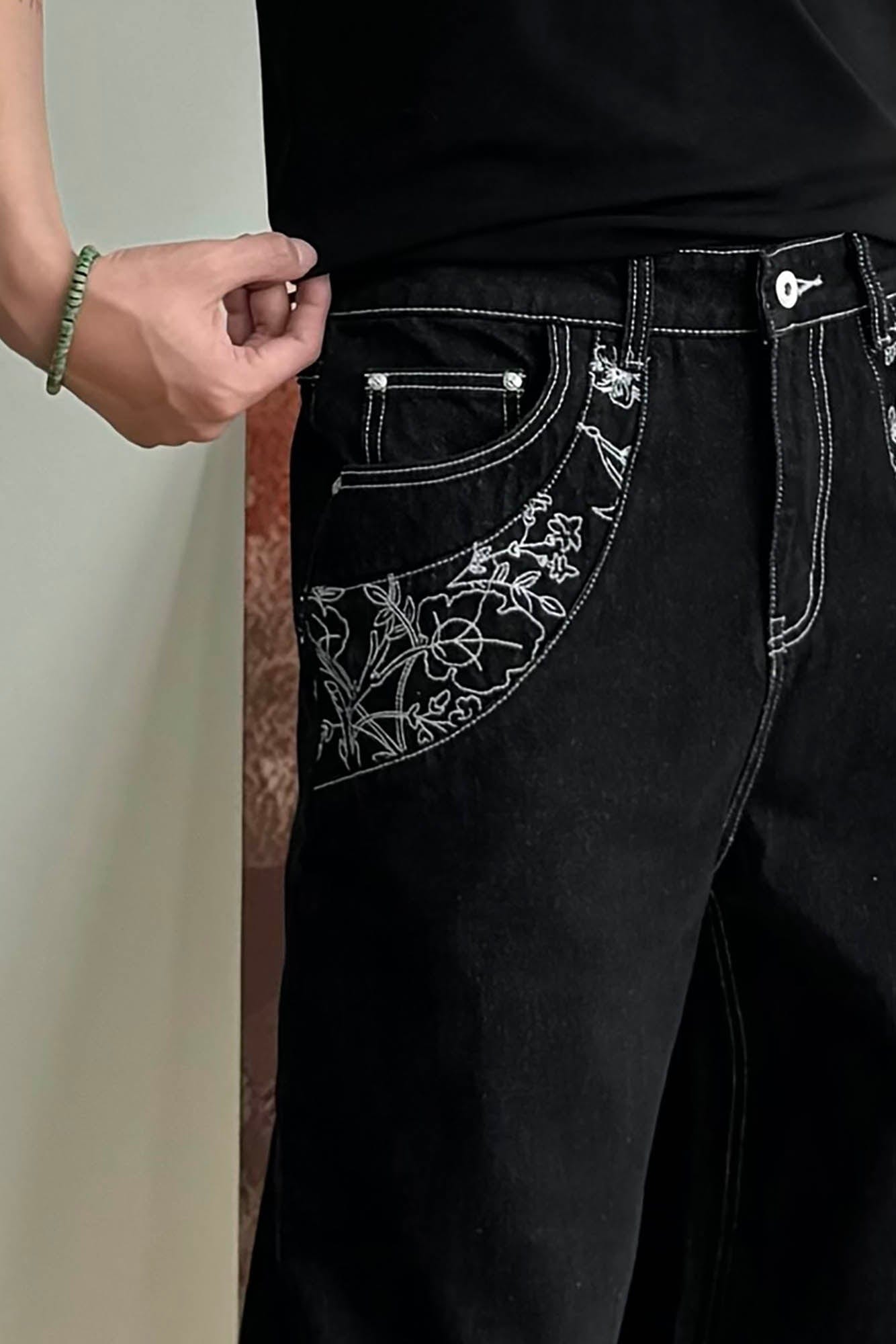 KREATE Floral Embroidered Spliced Wide-Leg Jeans