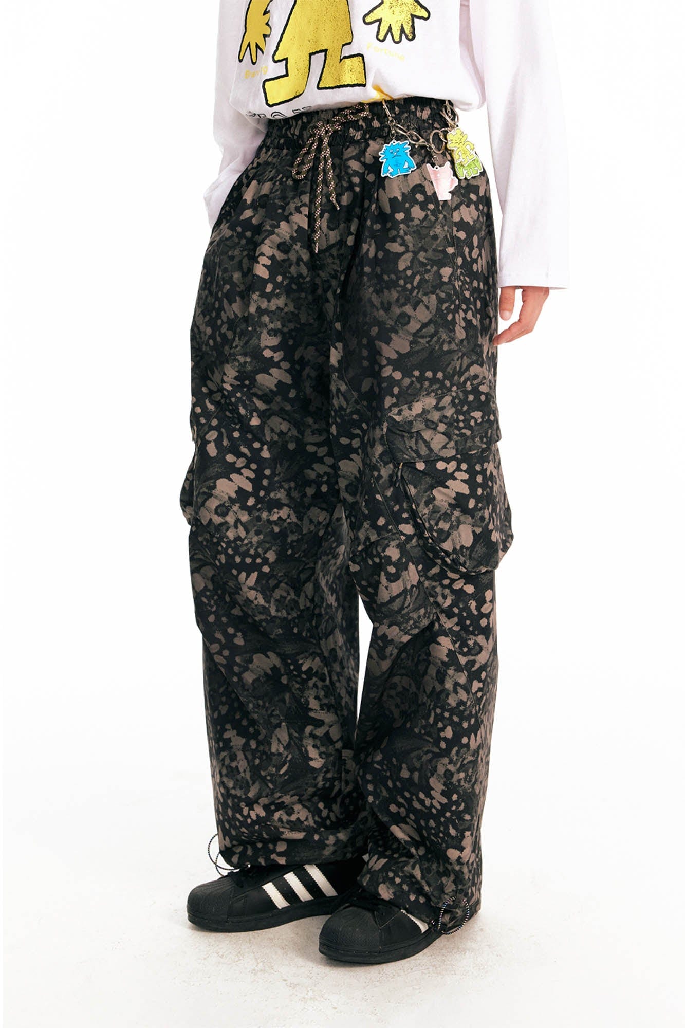1997 POSTOFFICE Splatter Camo Crinkled Drawstring Cargo Pants