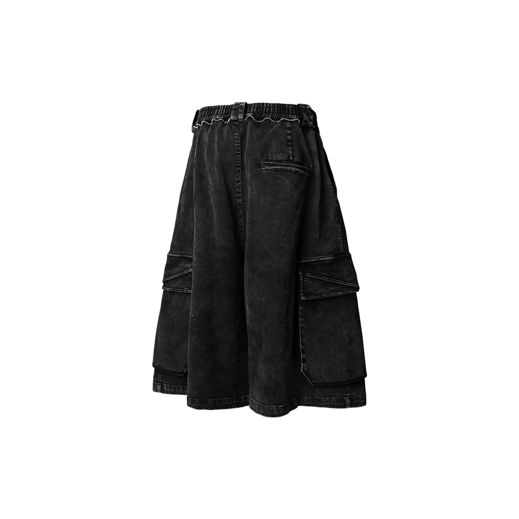 RELABEL Detachable Scarf Washed Multi-Pocket Wide-Leg Shorts