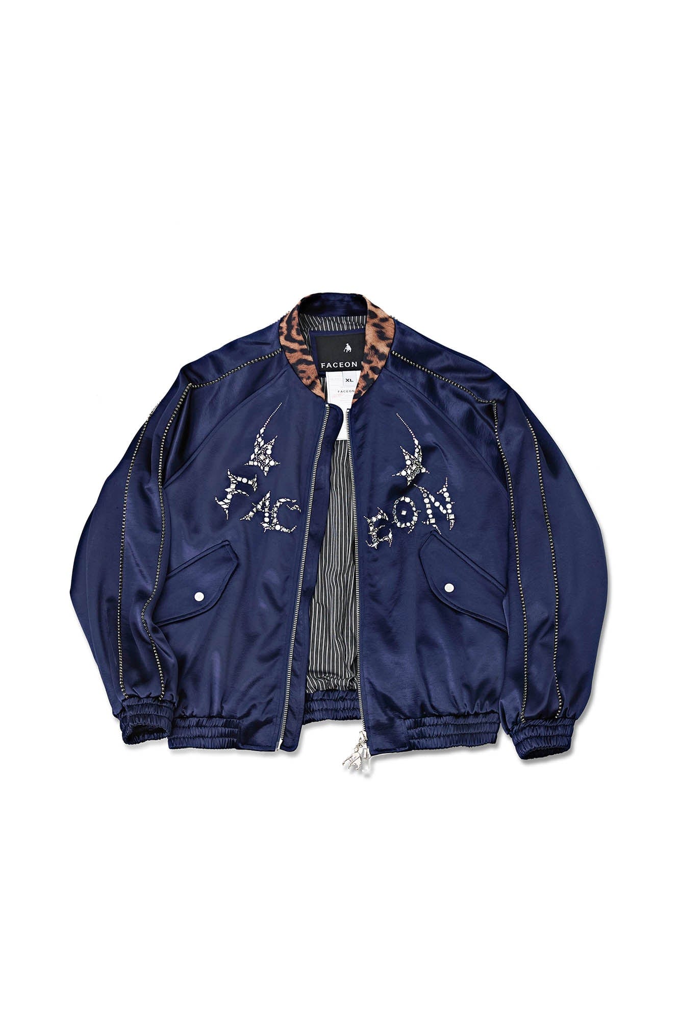 FACEONLAB Rivet Diamond Satin Leopard-Collar Jacket